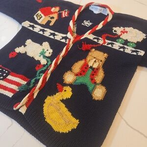 VTG 90s Hand Knit Festive Holiday Nutcracker American Flag Sweater Cardigan L